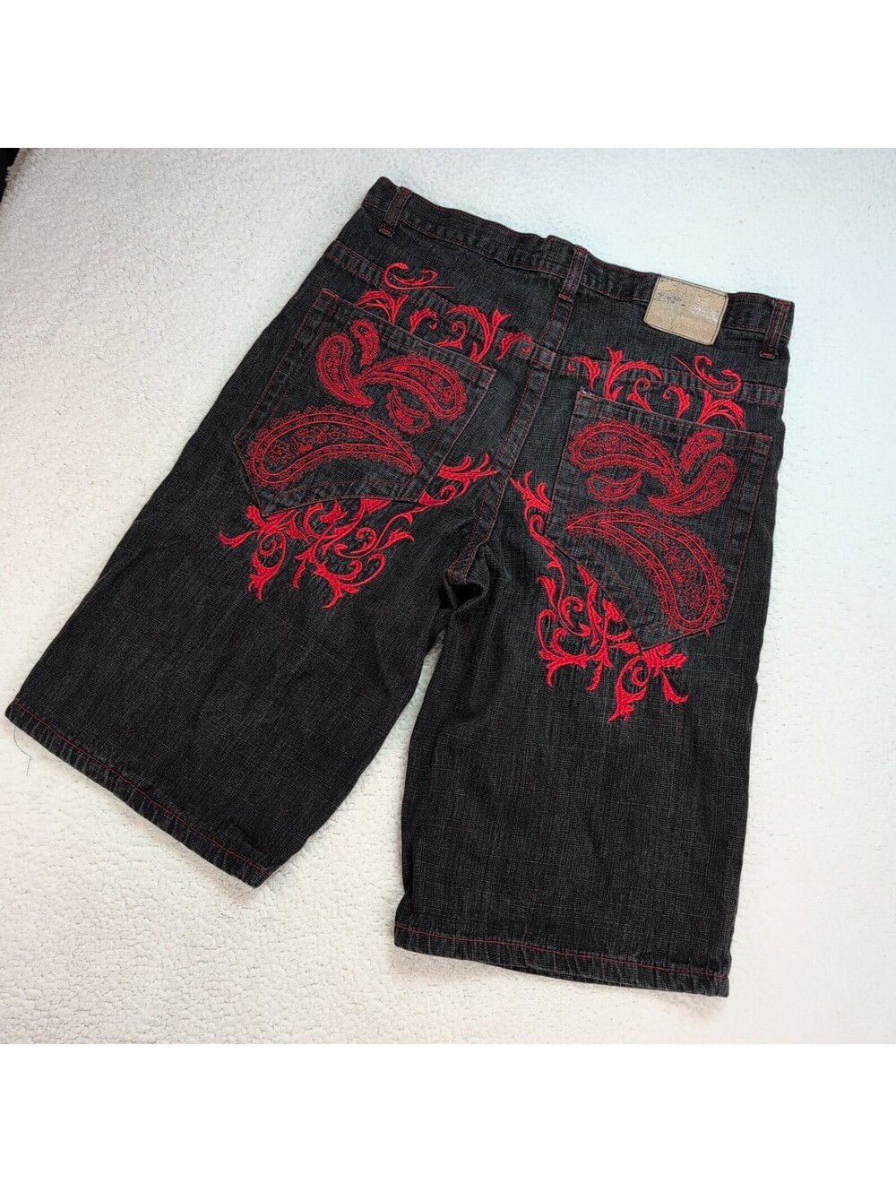 Y2K Red Ape Mens Denim Shorts 36 Red Embroidered Paisley Hip Hop Skater RARE